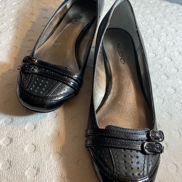 Aldo Women Ballet Flat Pumps Black Leather Perforated Buckle Slip On Low Heel - Picture 14 of 16